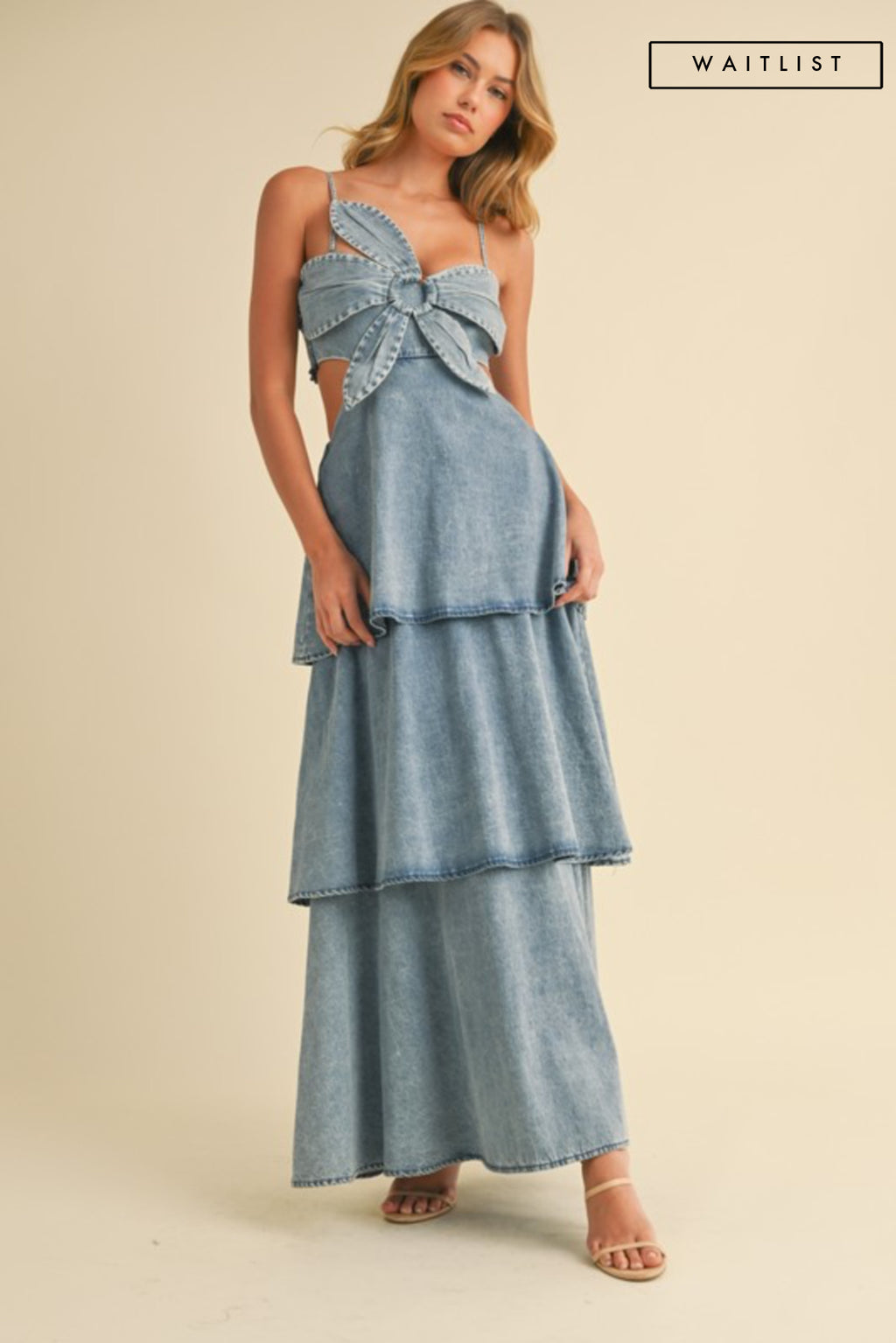 Sleeveless Flower Accent Cut Out Tiered Denim Maxi Dress Medium Wash