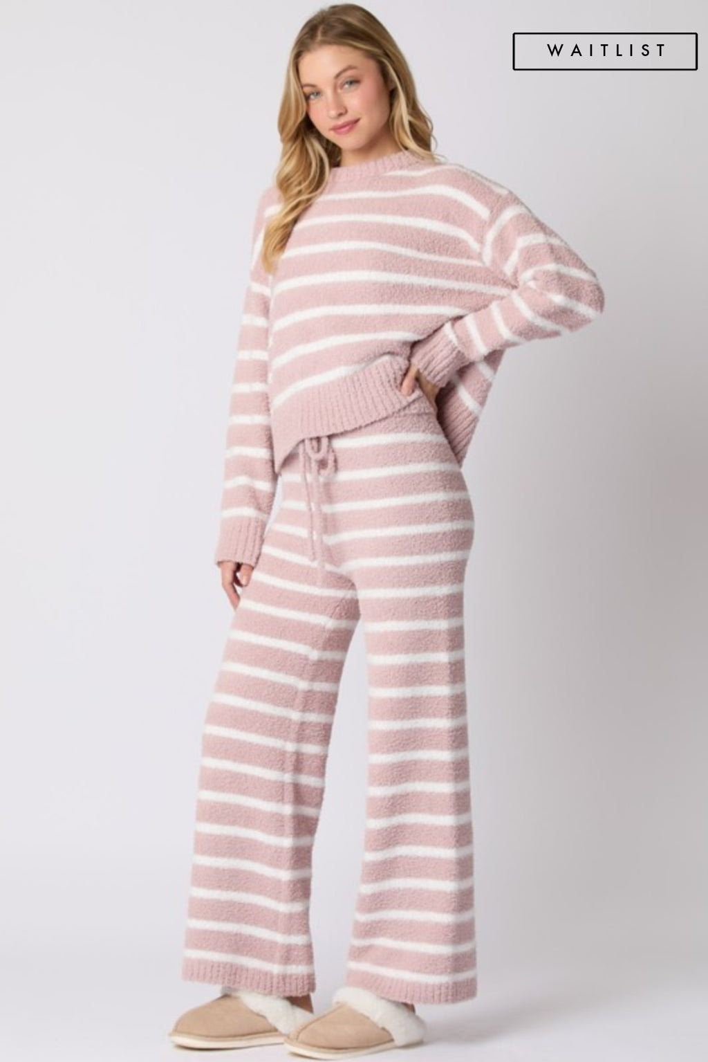 Long Sleeve Striped Sweater Top And Pants Set Pink Info