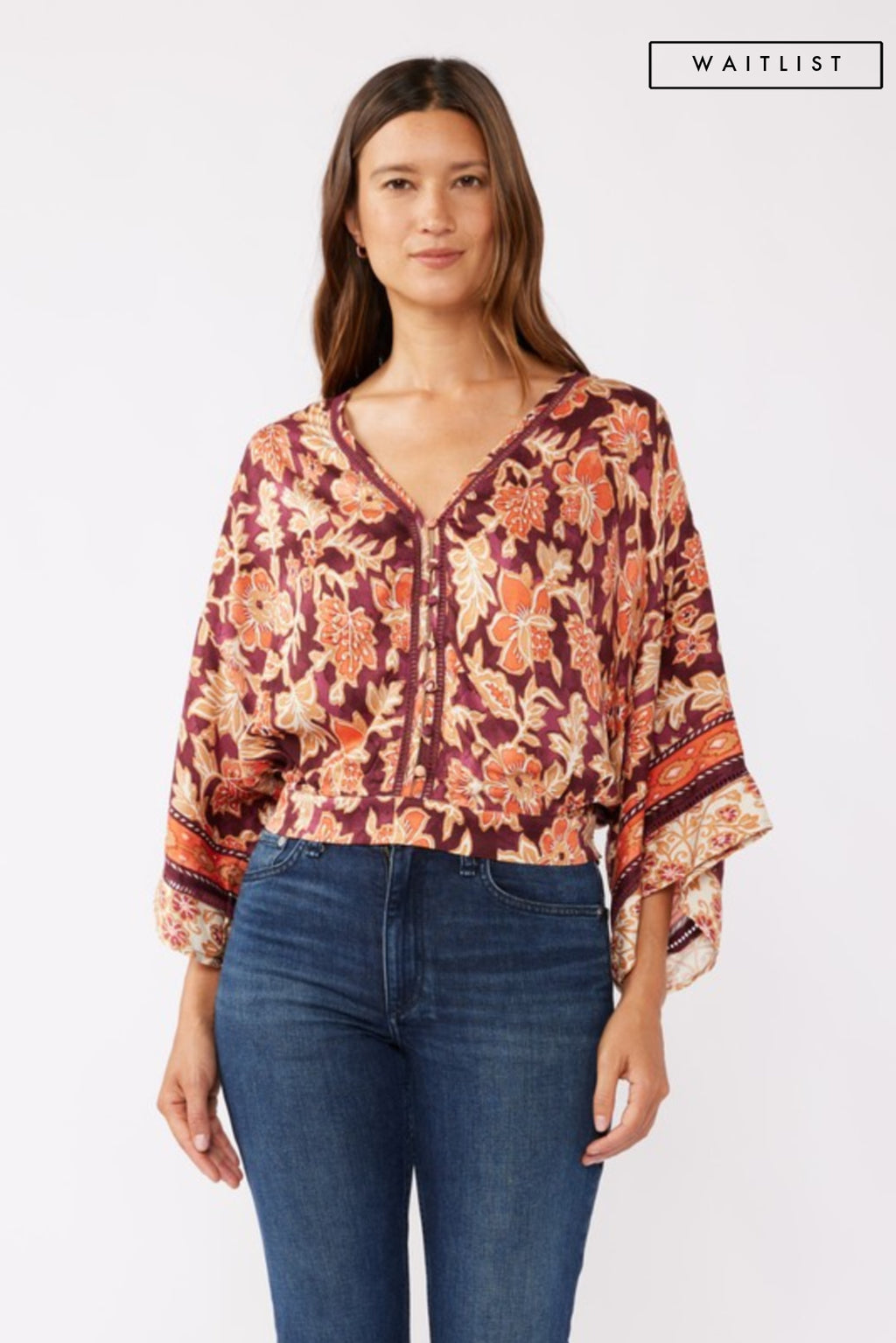 Kimono Sleeve Floral Print Top Burgundy