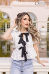 Short Sleeve Bow Tie Bubble Babydoll Top White