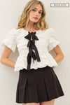 Waitlist 11/5 ♥ Marley Short Sleeve Bow Tie Bubble Babydoll Top White