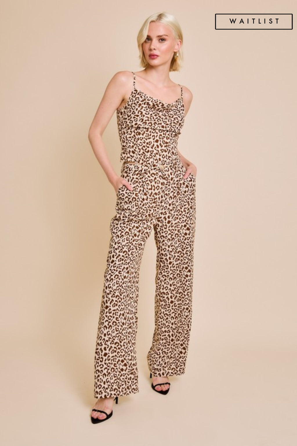 Sleeveless Cowl Neck Top And Leopard Print Pants Set Brown