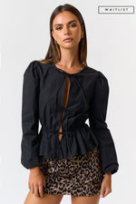 Long Sleeve Bow Tie Peplum Top Black