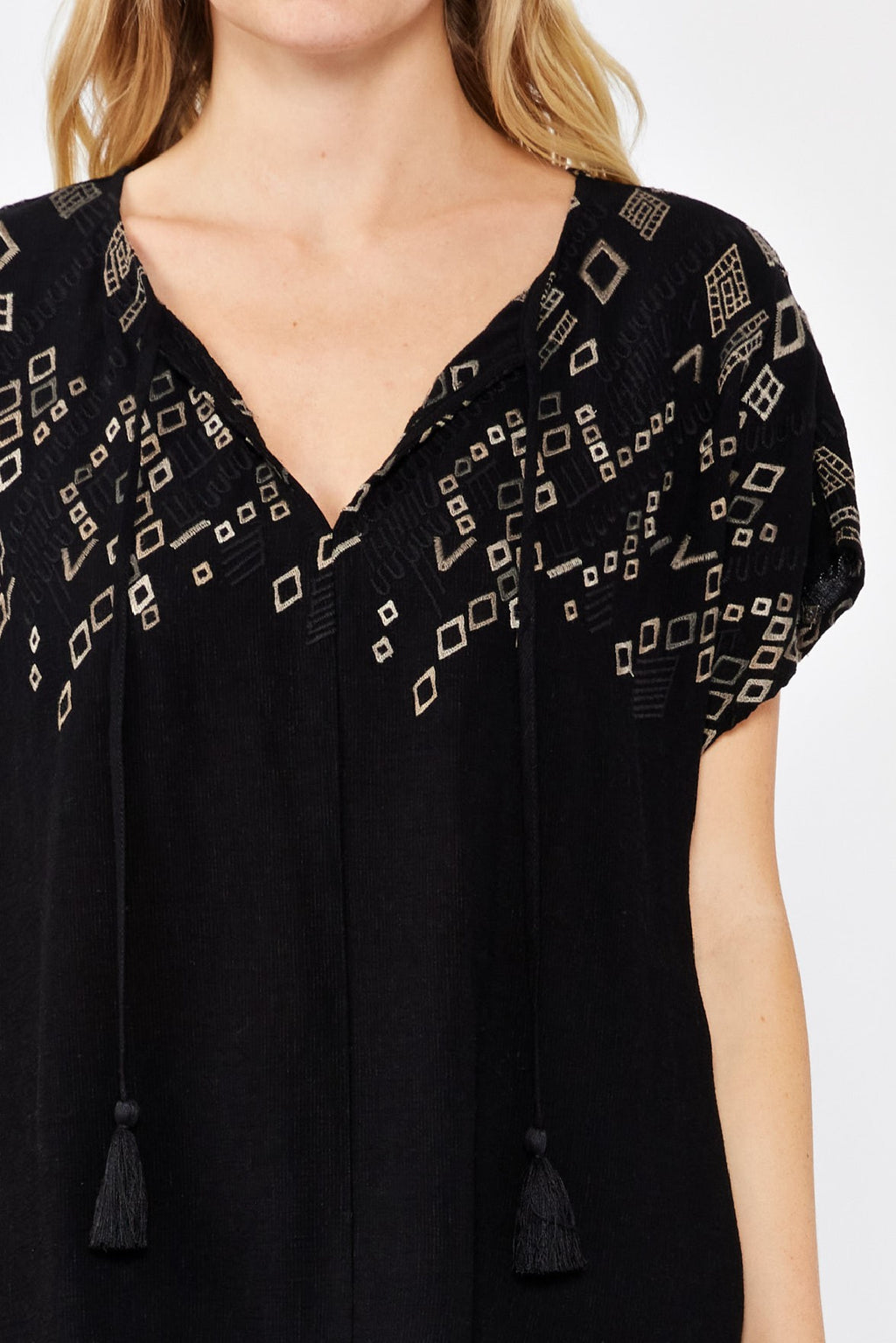 Poppy Short Sleeve Embroidered Top Black