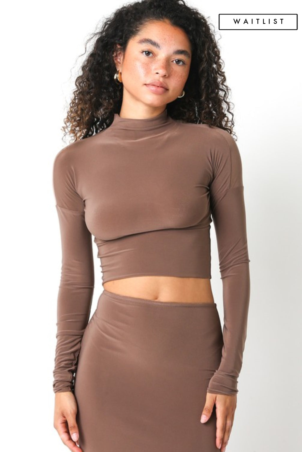  Long Sleeve Mock Neck Crop Top Brown