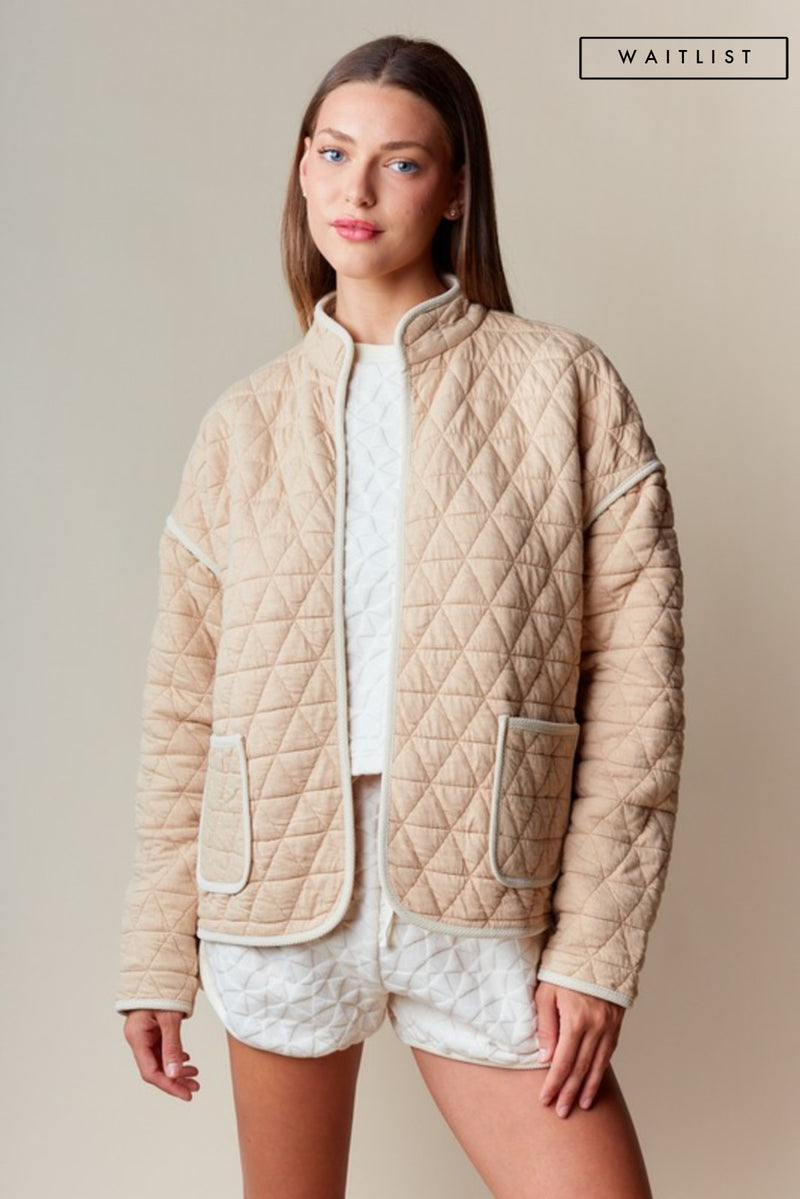  Long Sleeve Open Front Quilted Jacket Taupe