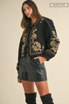 Long Sleeve Floral Embroidered Front Tie Quilted Jacket Black