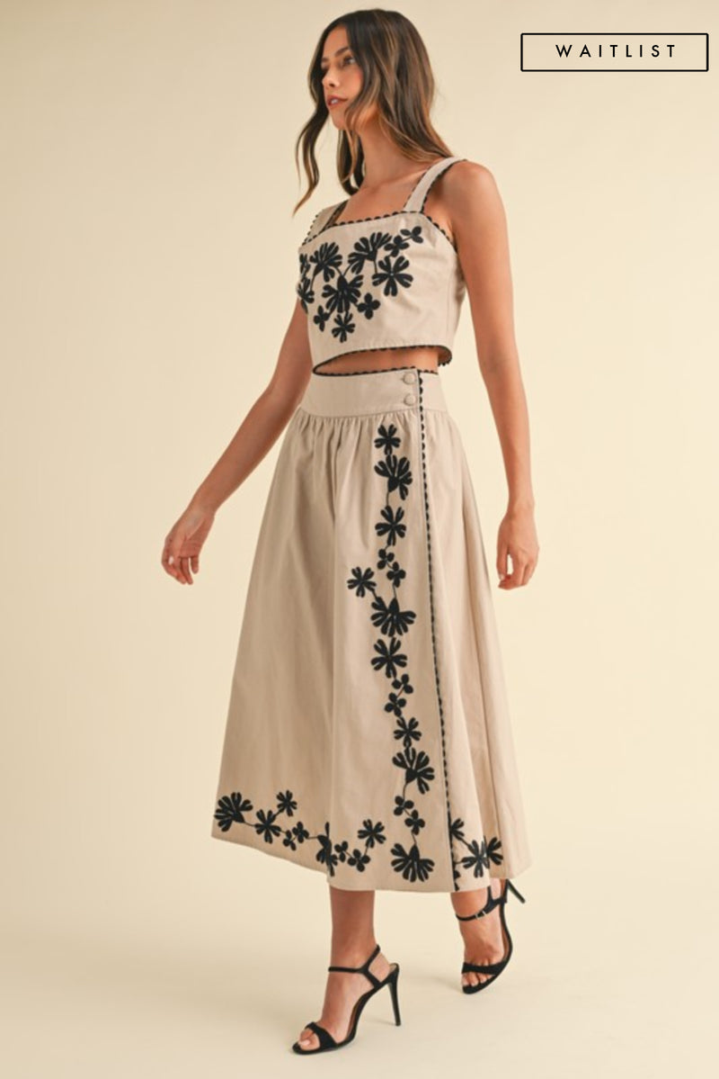 Sleeveless Embroidered Crop Top And Midi Skirt Set Taupe