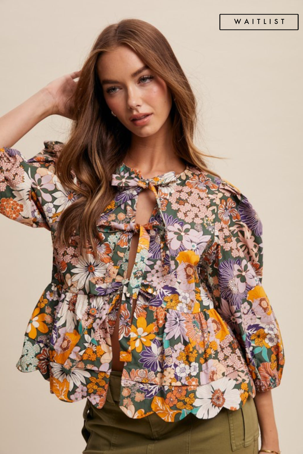  Long Puff Sleeve Front Tie Floral Print Top Green