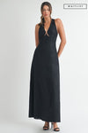  Sleeveless Halter Tie Linen Maxi Dress Black