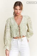 Long Sleeve Front Tie Embroidered Cropped Top Green