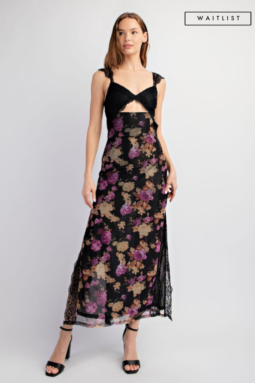  Floral Print Lace Trim Maxi Dress Black