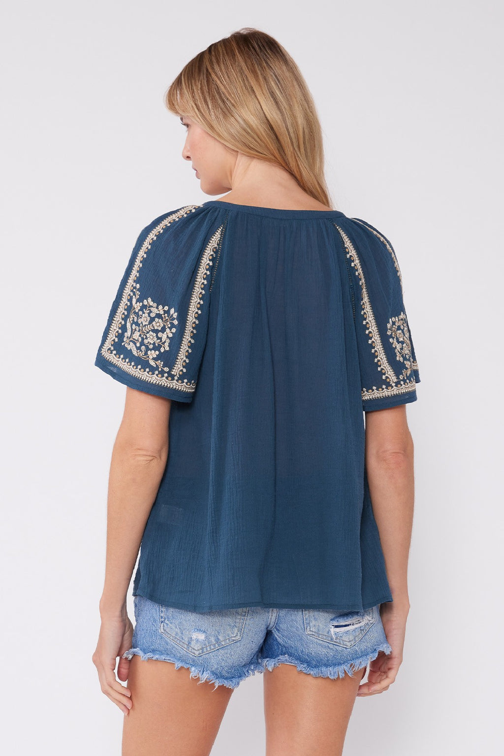 Jolene Short Sleeve Embroidered Floral Top Teal