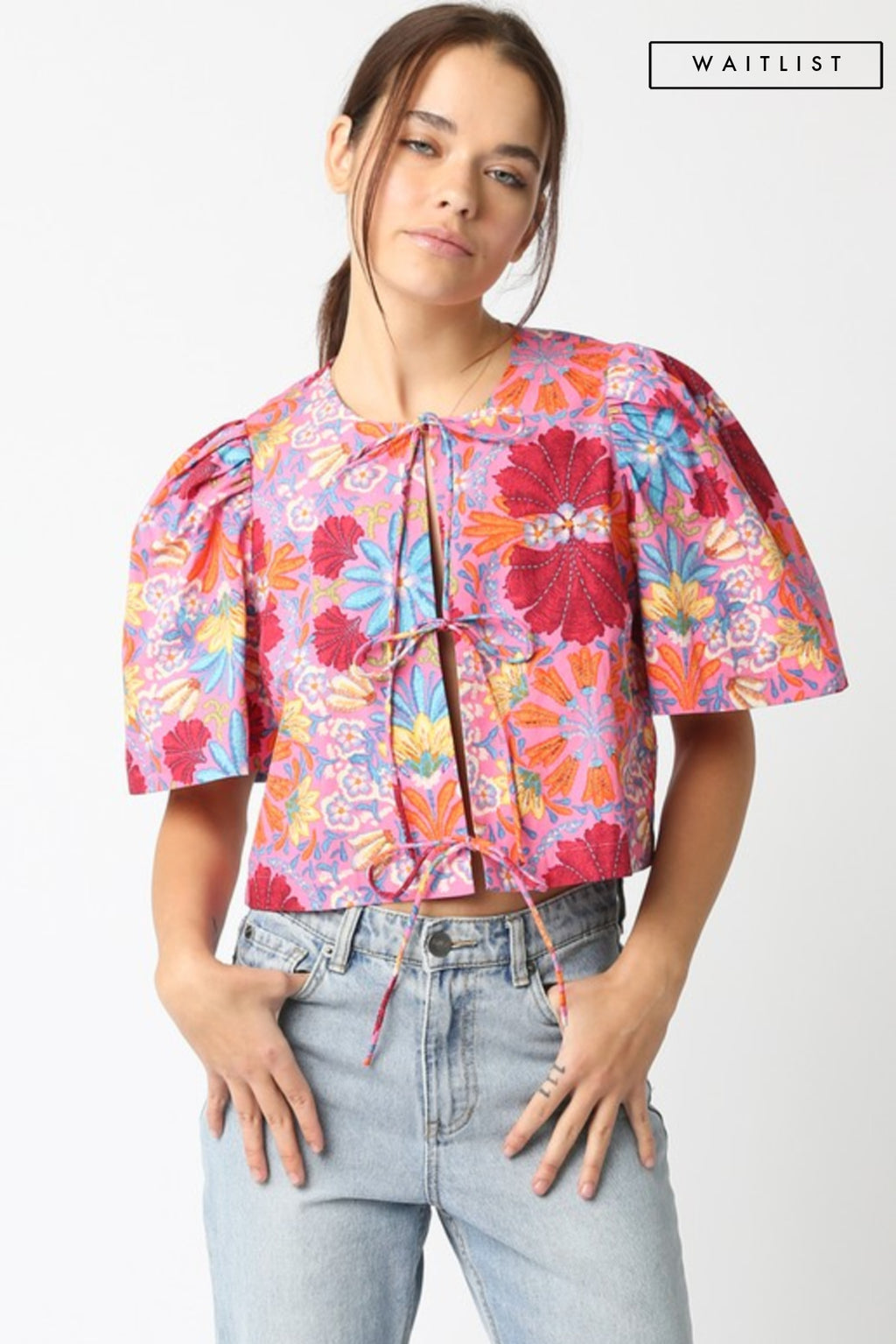 Short Puff Sleeve Front Tie Floral Print Top Pink