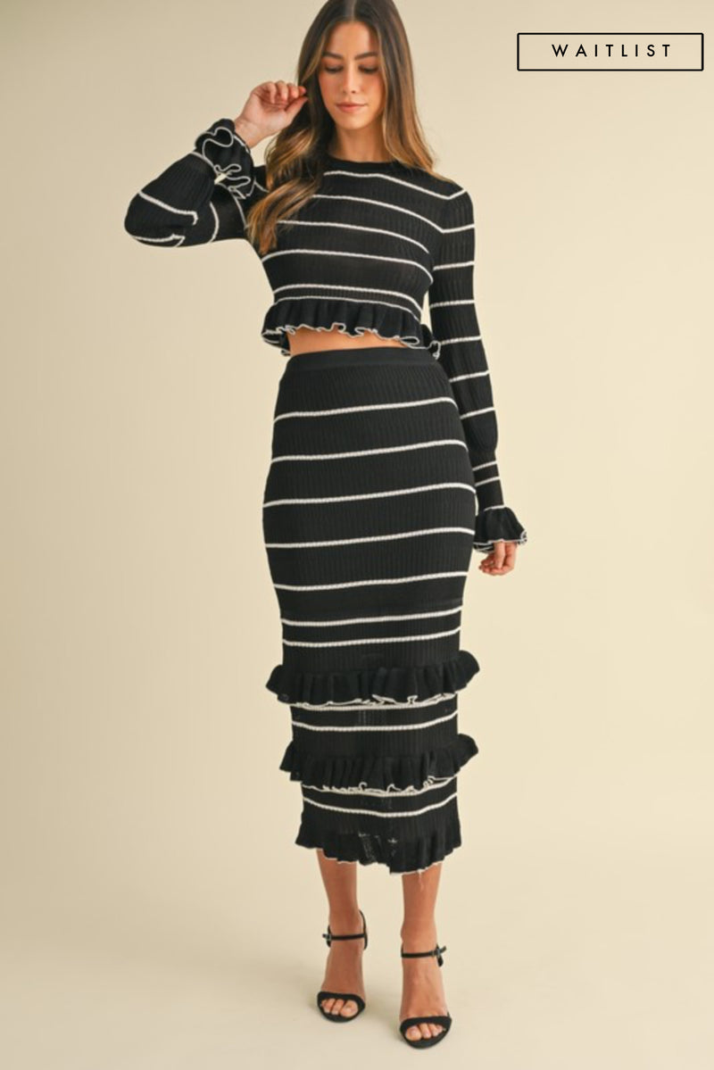 Waitlist 12/20 ♥ Casey Long Sleeve Stripe Print Knit Ruffle Crop Top And Midi Skirt Set Black