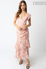 Short Sleeve Floral Print Shirred Maxi Dress Pink