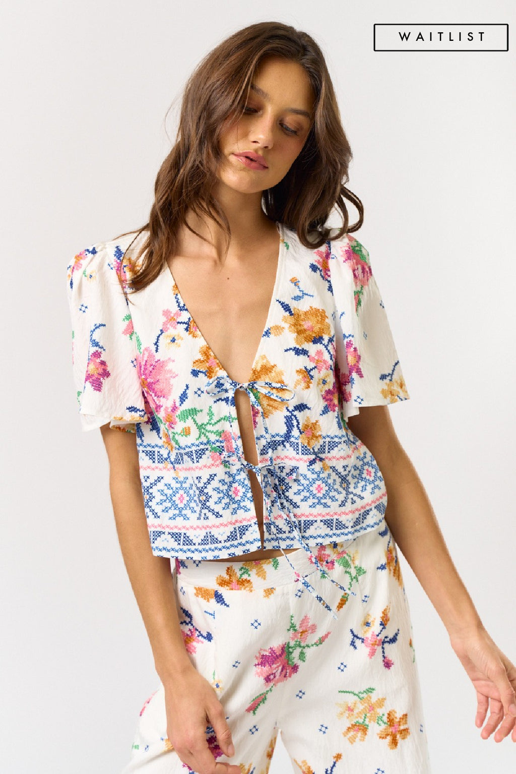 Flutter Sleeve Floral Print Front Tie Top White