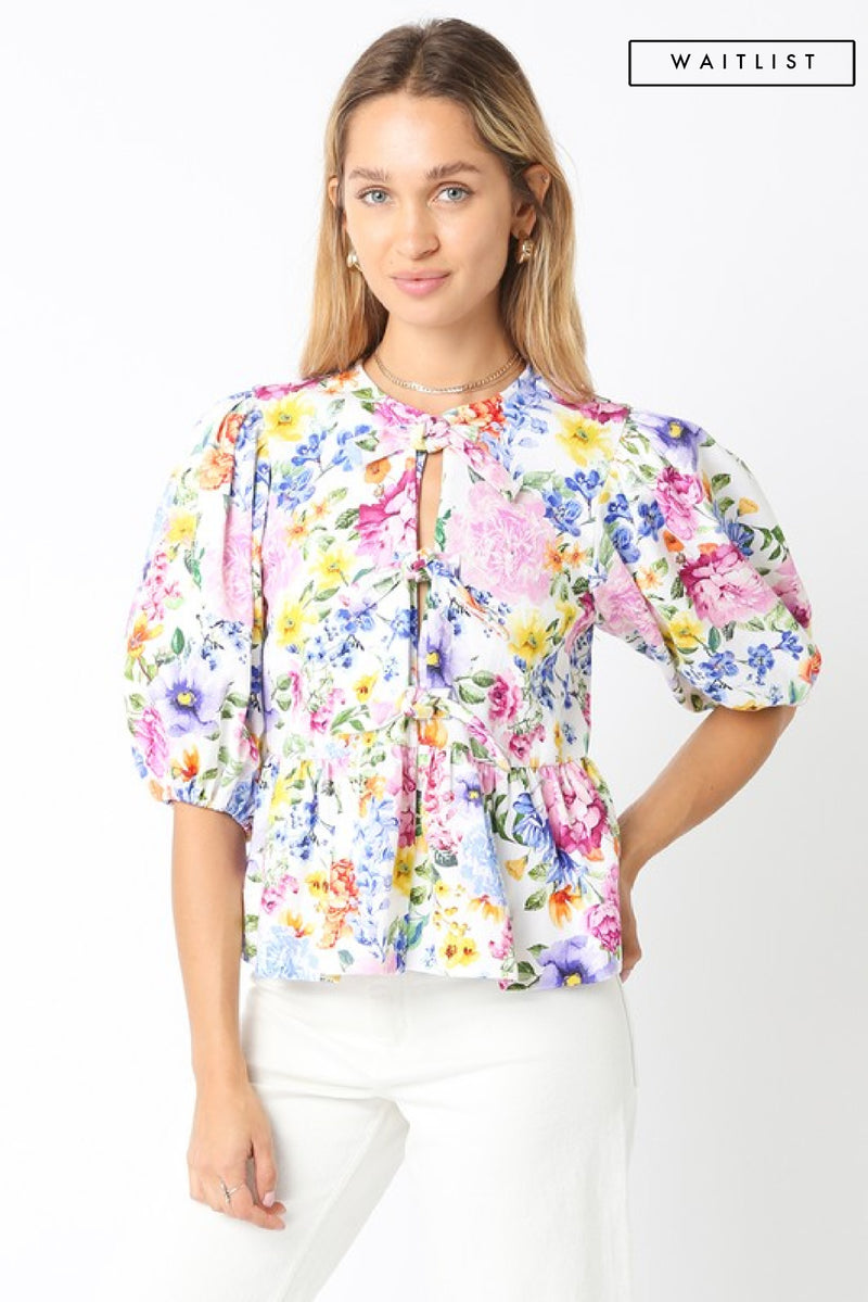 Short Puff Sleeve Front Tie Floral Print Top Blue White