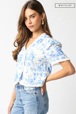 Short Sleeve Button Down Floral Print Top Blue