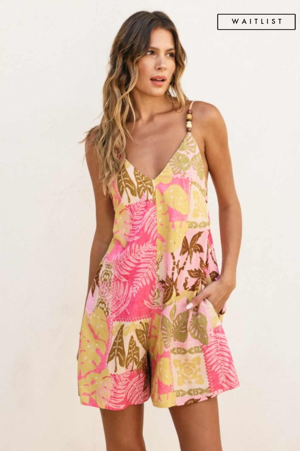  Sleevless Back Tie Tropical Patch Print Romper Pink