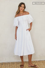 Off The Shoulder Puff Sleeve Linen Midi Dress White