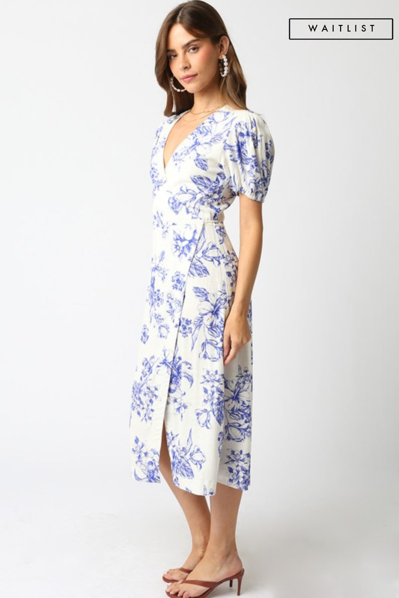 Short Puff Sleeves Floral Print Wrap Midi Dress White