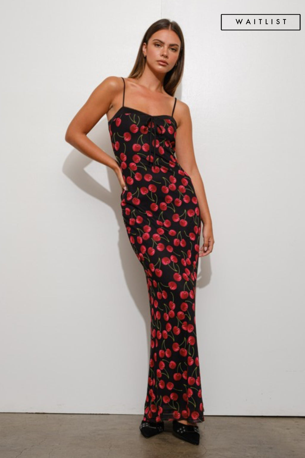 Sleeveless Cherry Print Mesh Maxi Dress Black