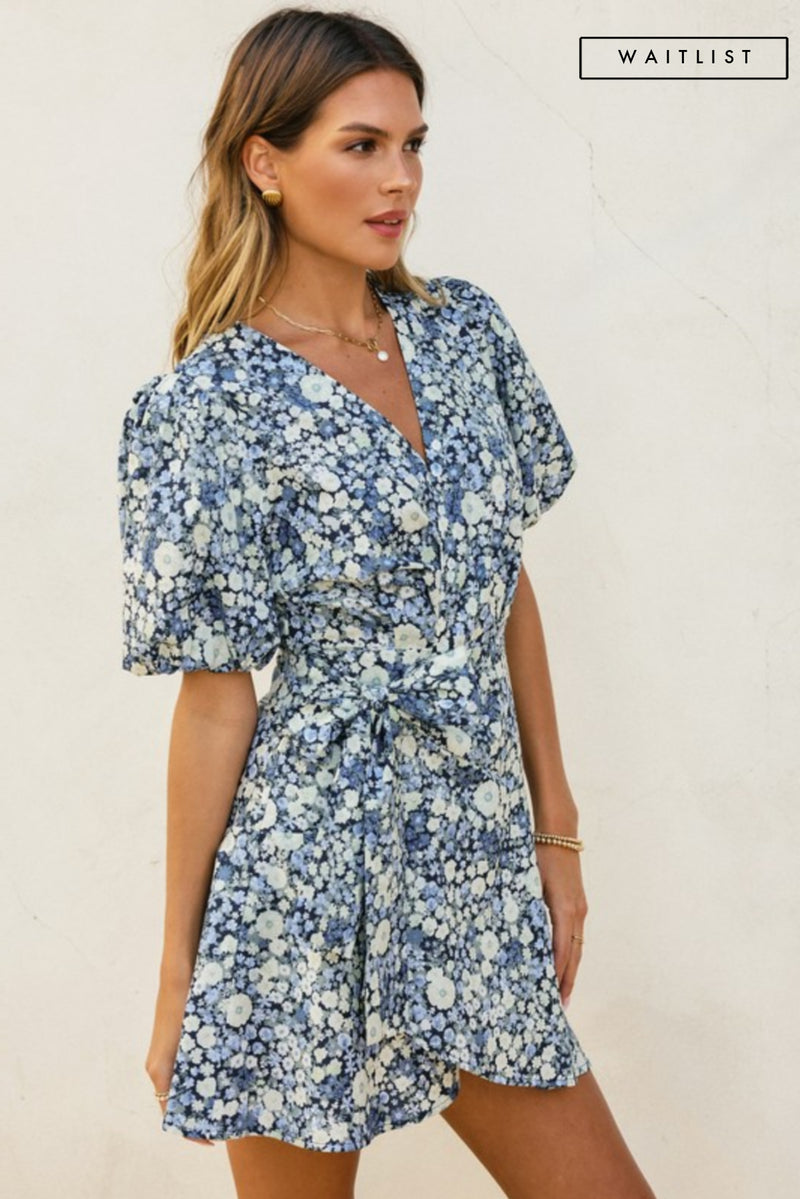  Short Puff Sleeve Floral Print Wrap Mini Dress Navy