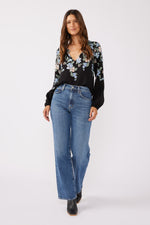 Adrian Long Sleeve Floral Print Top Black