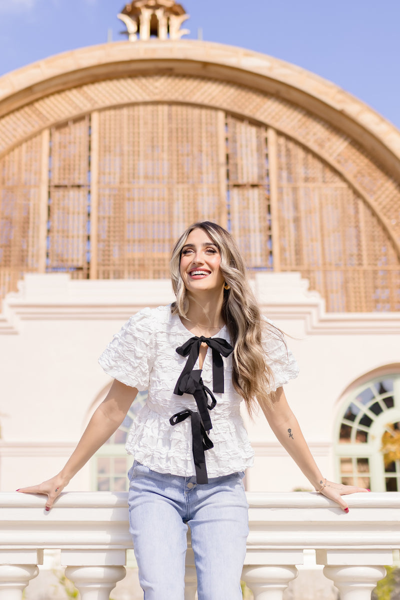 Marley Short Sleeve Bow Tie Bubble Babydoll Top White