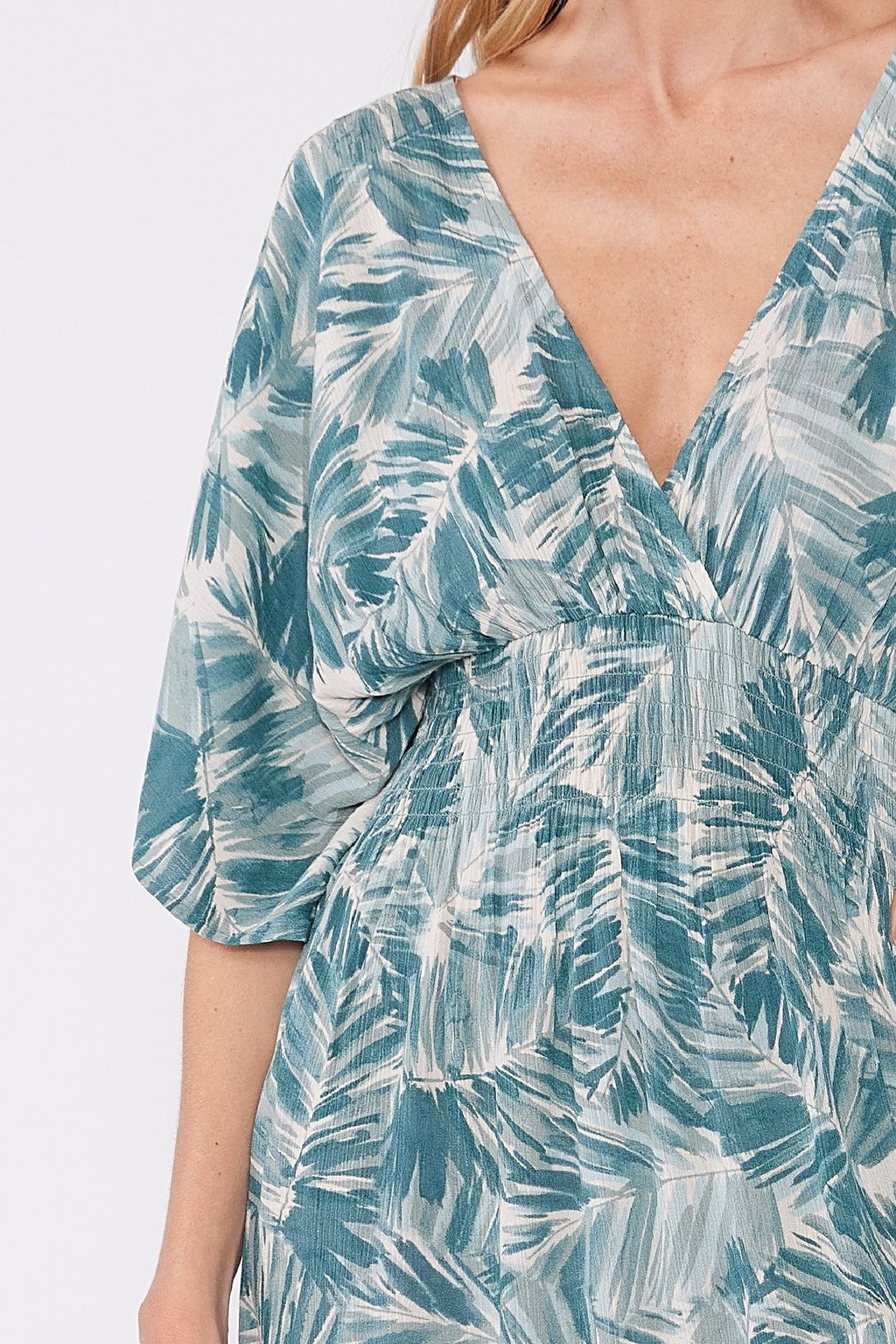 Ophelia Kimono Sleeve Tropical Print Mini Dress Teal