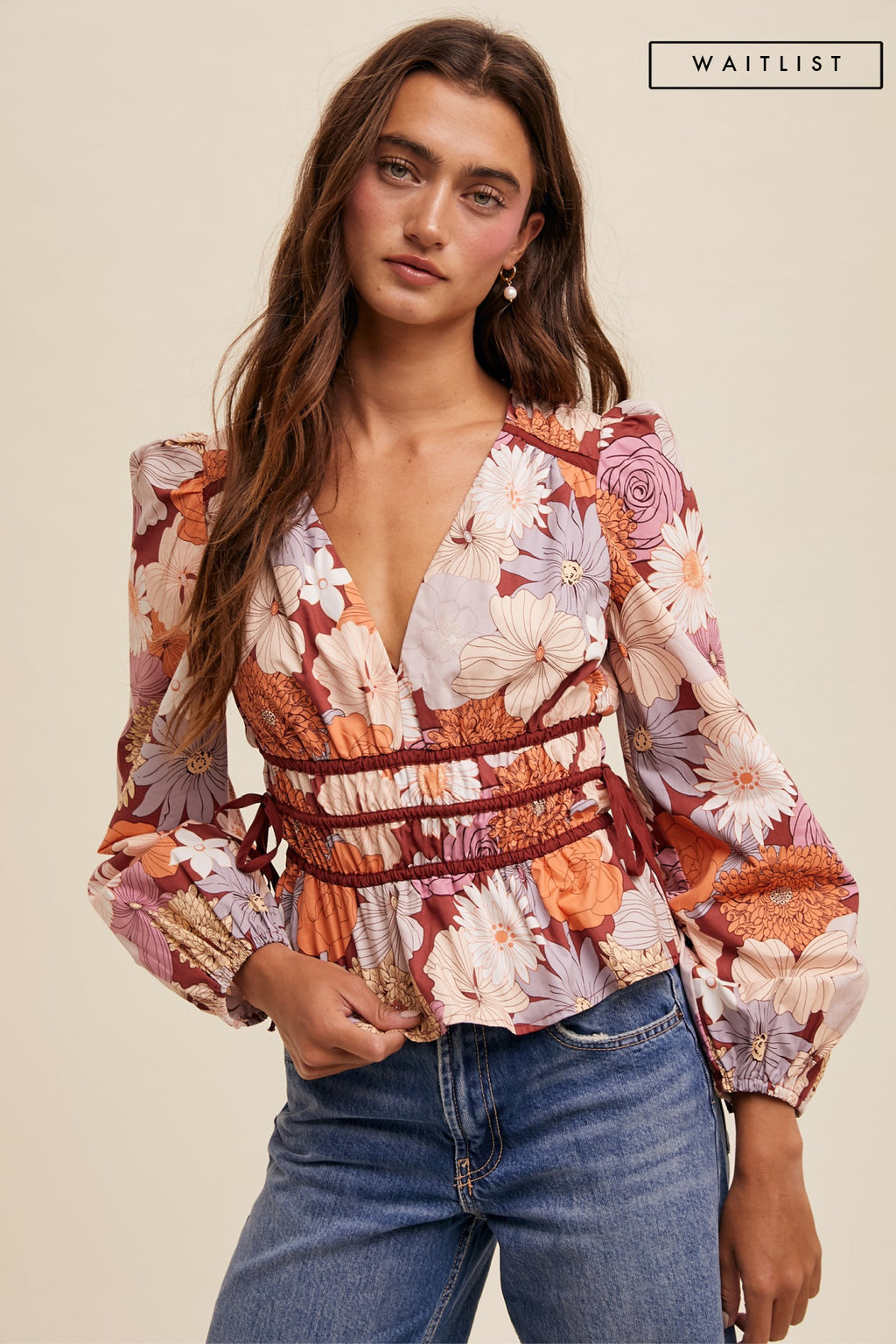  Long Sleeve Floral Print Top Rust