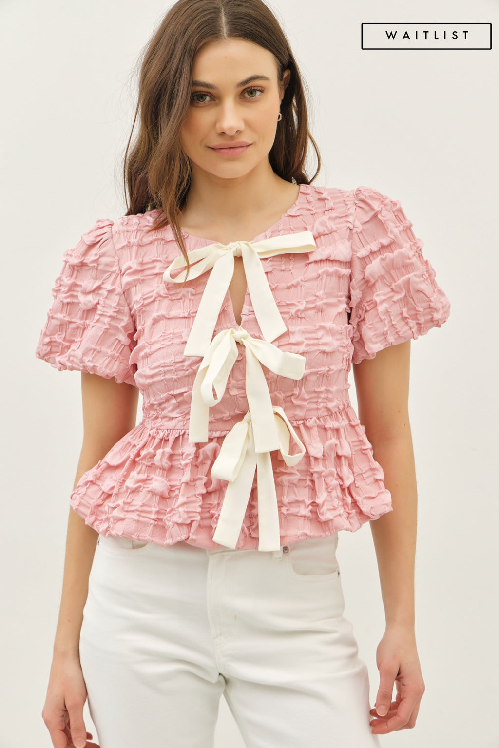 Short Sleeve Bow Tie Bubble Babydoll Top Pink