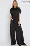 Waitlist 10/30 ♥   Alicia Short Sleeve Waist Tie Wide Leg Satin Jumpsuit Black