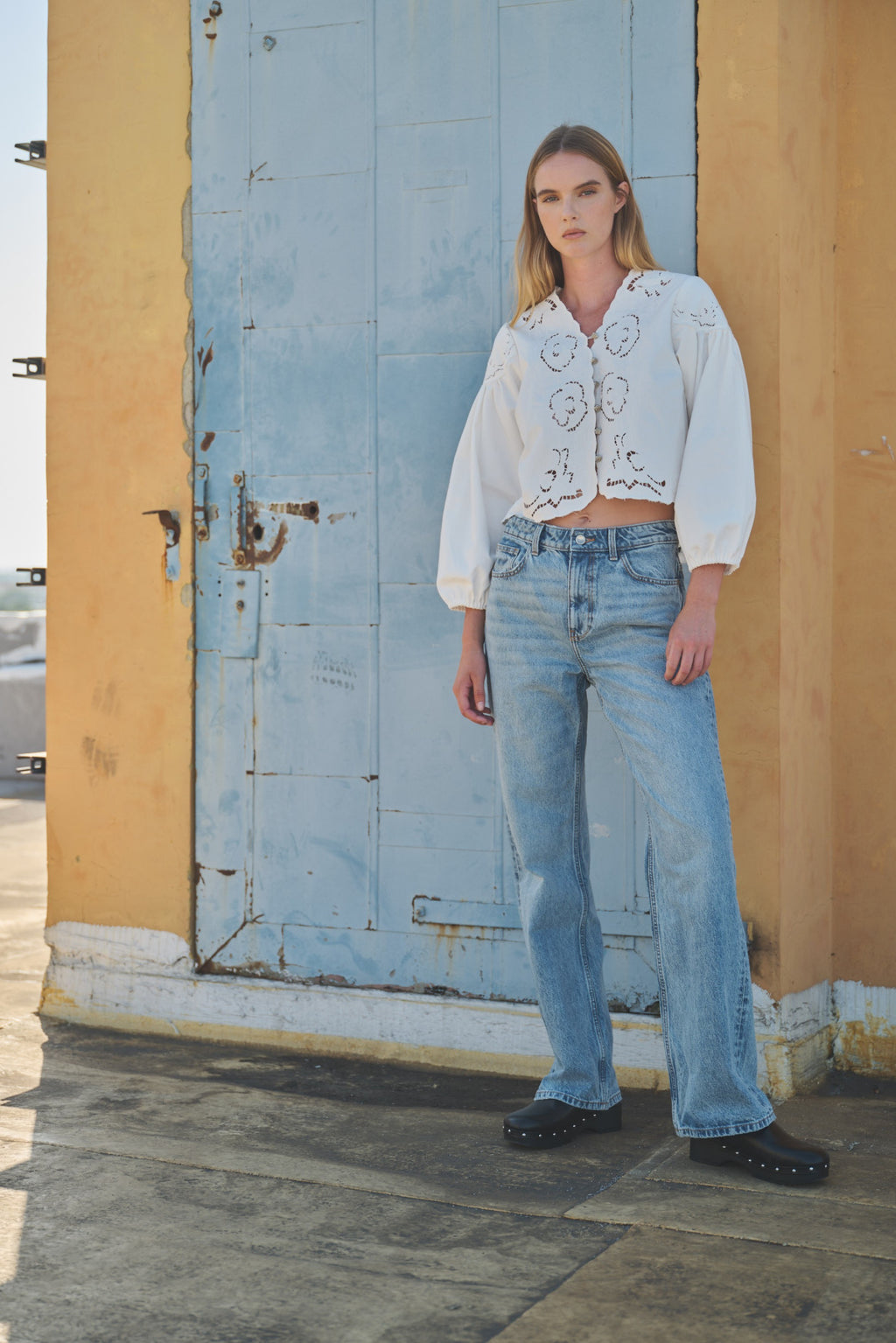 Julie Long Ballon Sleeve Button Down Embroidered Denim Top White