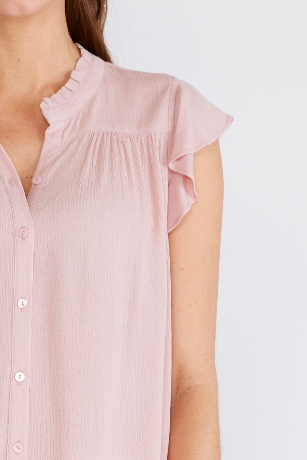 Belle Short Flutter Sleeve Button Down Top Blush