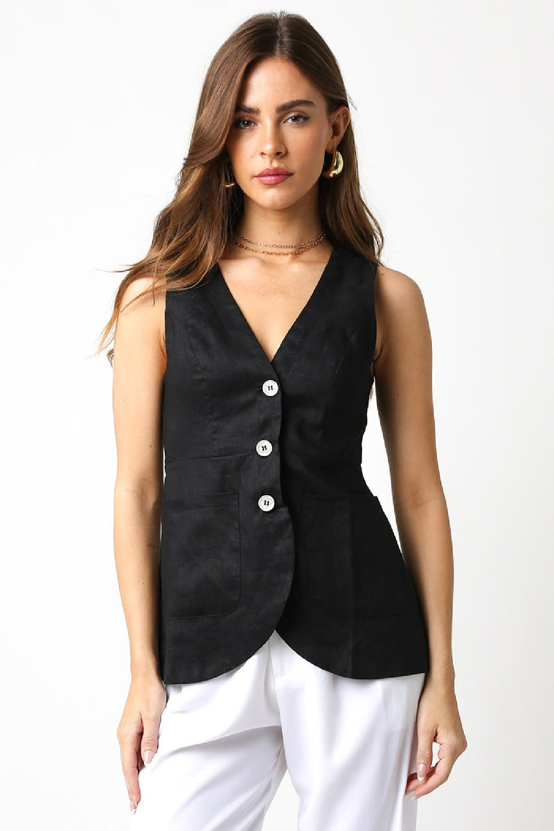 Charlene Sleeveless Linen Button Down Vest Top Black