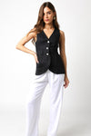 Charlene Sleeveless Linen Button Down Vest Top Black