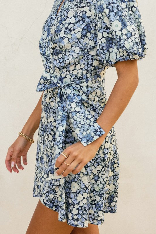  Short Puff Sleeve Floral Print Wrap Mini Dress Navy