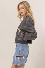 Long Sleeve Vegan Leather Bomber Jacket Black