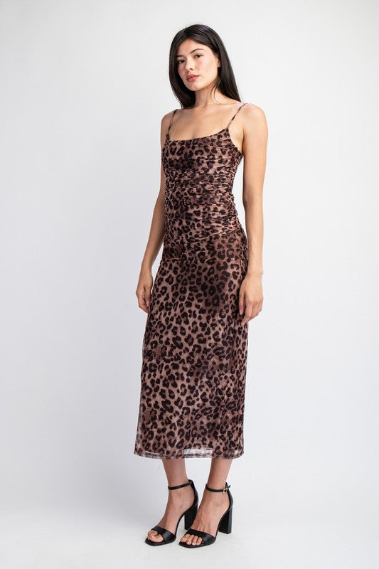 Sleeveless Mesh Leopard Print Top And Midi Skirt Set Brown