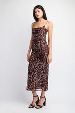 Sleeveless Mesh Leopard Print Top And Midi Skirt Set Brown