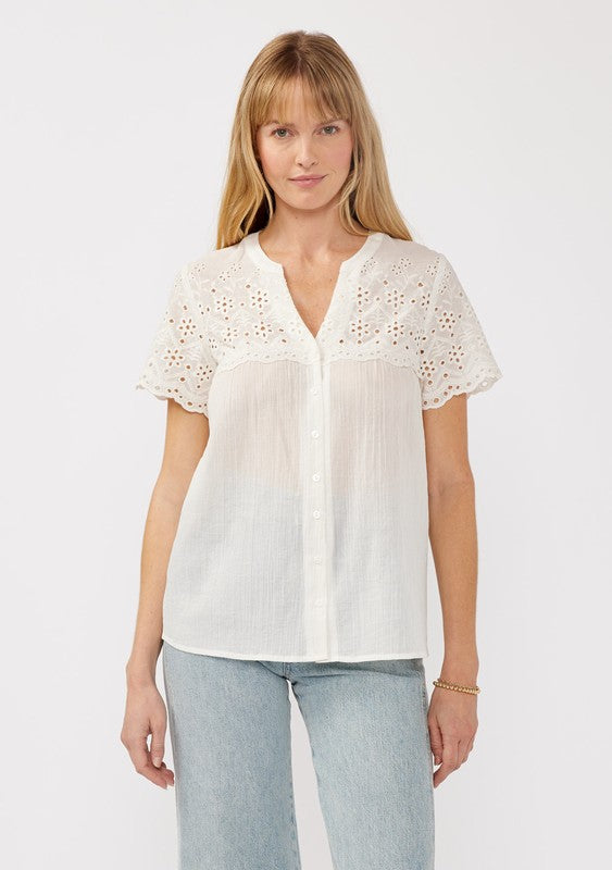 Short Sleeve Floral Eyelet Print Button Down Top White