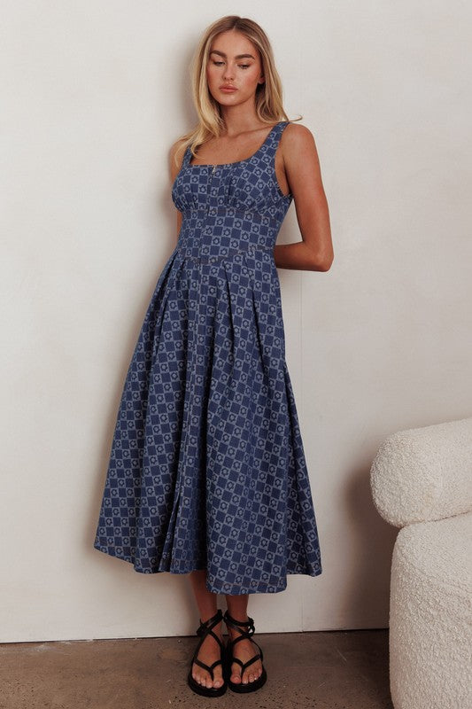 Sleeveless Floral Print Denim Dress Dark Wash