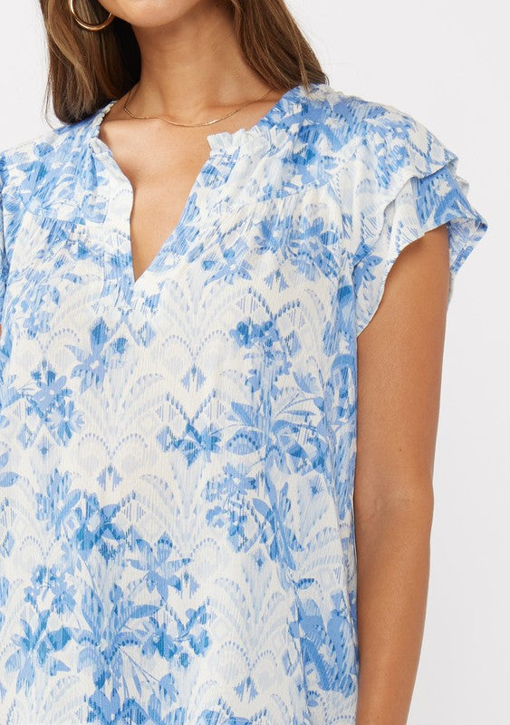 Waitlist 2/10 ♥ Doreen Short Ruffle Sleeve Floral Print Top Blue