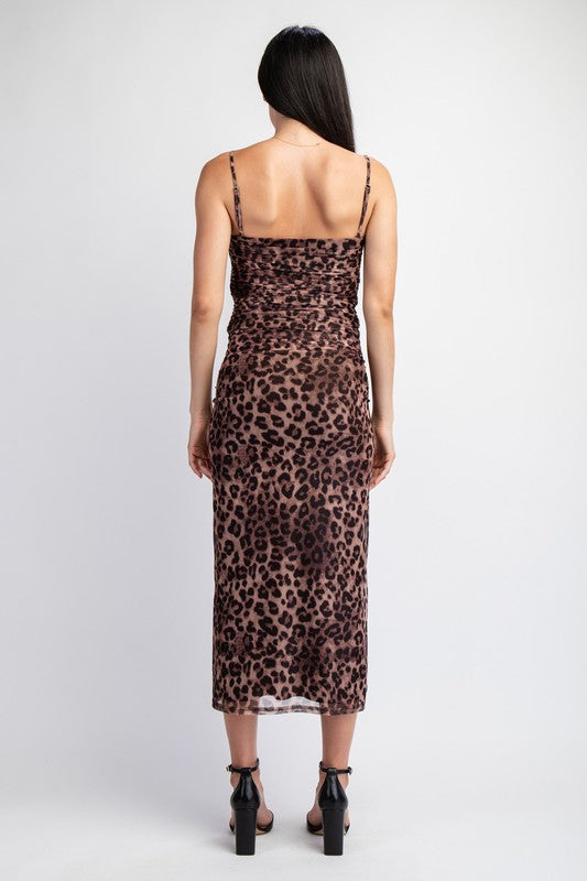 Sleeveless Mesh Leopard Print Top And Midi Skirt Set Brown