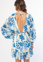 Long Sleeve Open Back Tie Floral Print Mini Dress Blue