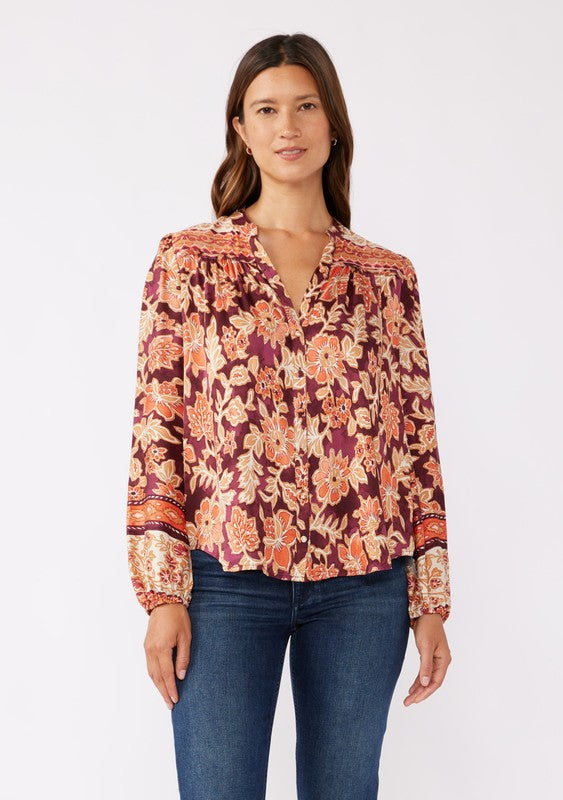 Long Sleeve Button Down Floral Print Top Burgundy