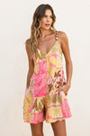  Sleevless Back Tie Tropical Patch Print Romper Pink