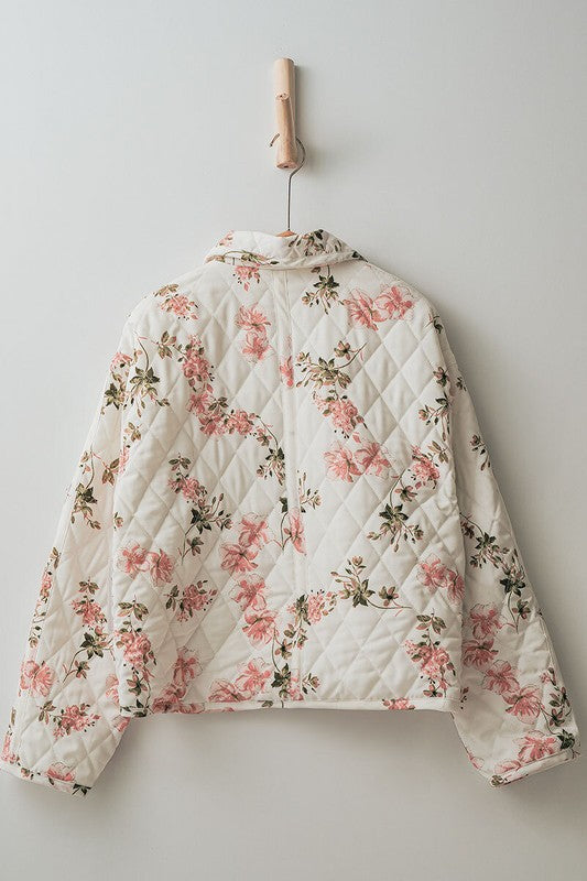  Long Sleeve Floral Print Quilted Shacket Ivory